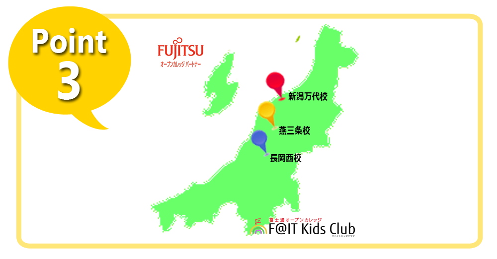 富士通オープンカレッジ（ファイトキッズクラブ）は新潟県内に3校、たくさんの小中学生がプログラミングを学んでいる。